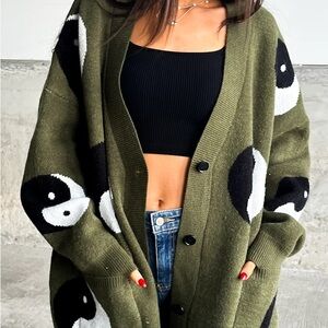 Dressed In Lala DUPE Olive Green Yin Yang Cardigan Sweater